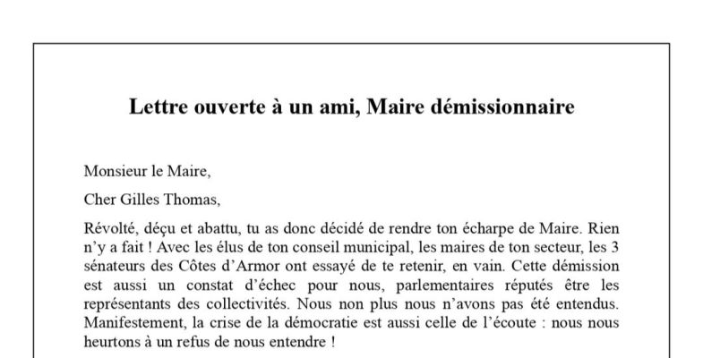 Lettre ouverte à mon ami Gilles Thomas, maire démissionnaire de Plussulien